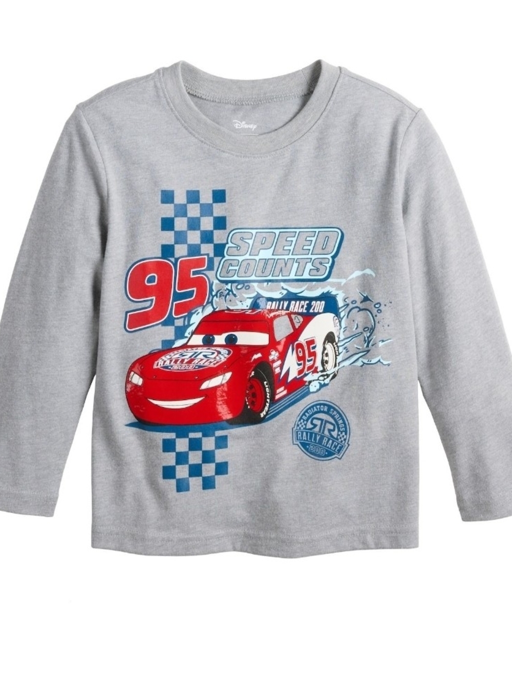 Disney Gray Tee with Red Lightning McQueen and Blue Accents